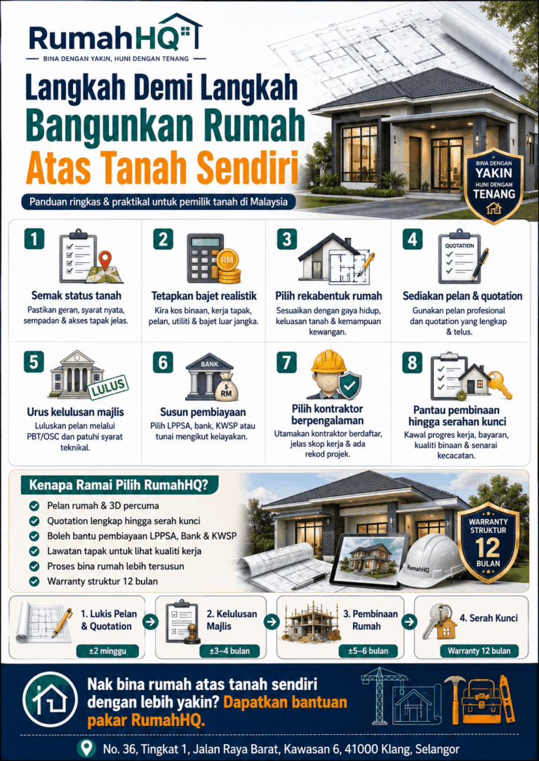 Jangan Mula Bina Rumah Atas Tanah Sendiri Sebelum Faham 8 Langkah Ini — Panduan Lengkap Dari Tapak Kosong Sampai Serah Kunci | RumahHQ 2 rumah HQ